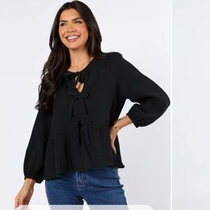 Pink Lily Black Close to Me 3/4 Sleeve Tie Front Blouse